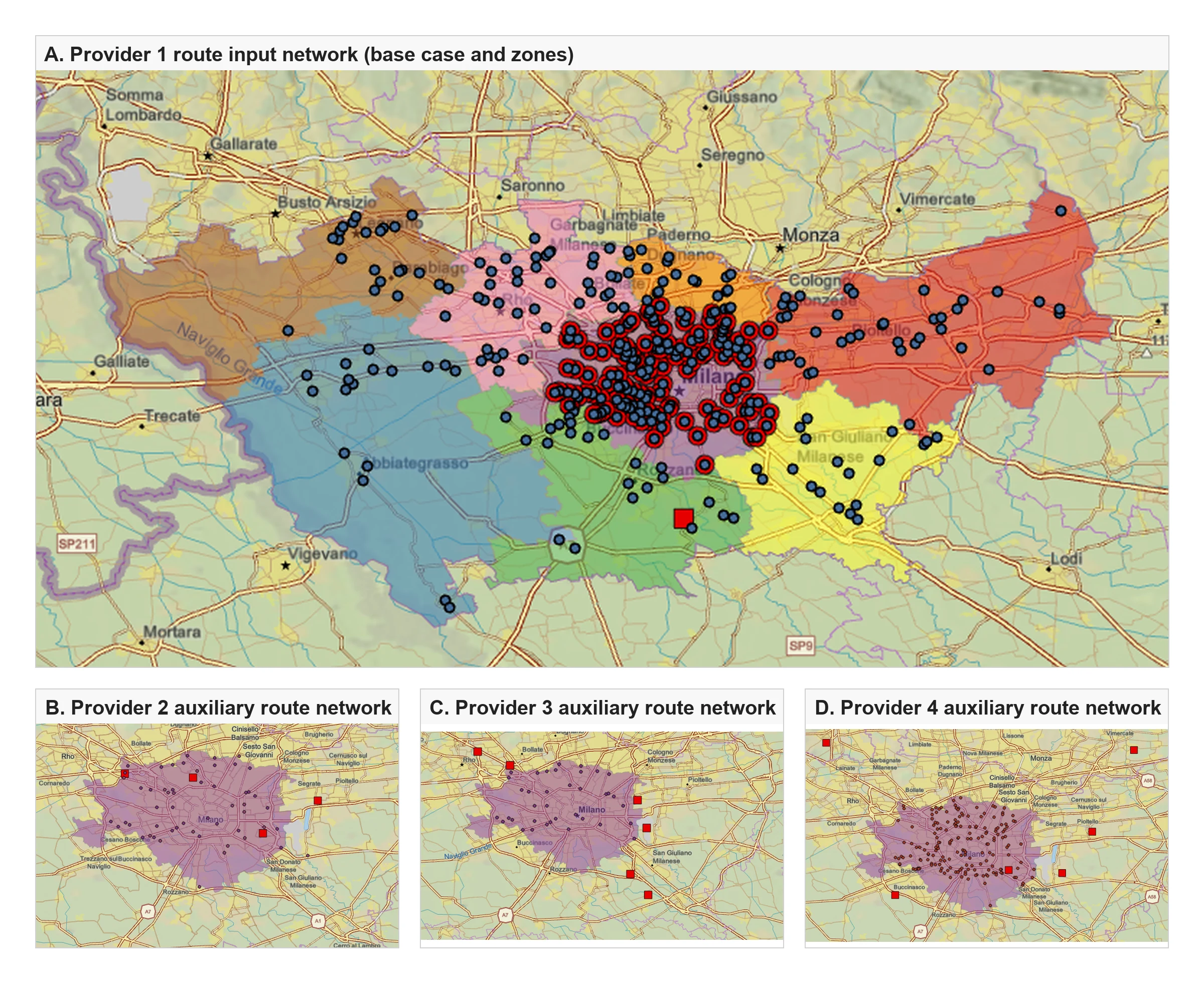 ArcGIS route-network maps for the Milan last-mile scenarios.