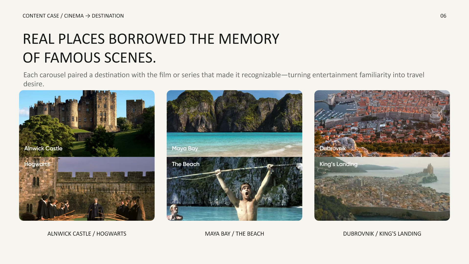 WeRoad cinema-location comparison content using real destinations and film scenes.